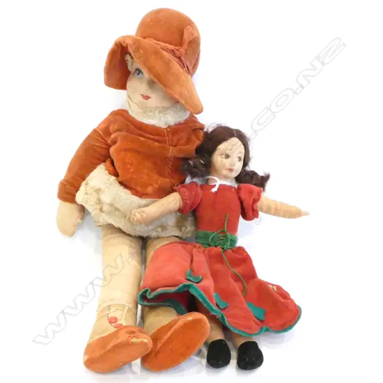 PR OLD DOLLS - CLOTH BODIES / COMPOSITE FACES  - FUR LINED RED DRESS  & BONNET & RED & GREEN VELVET DRESS
